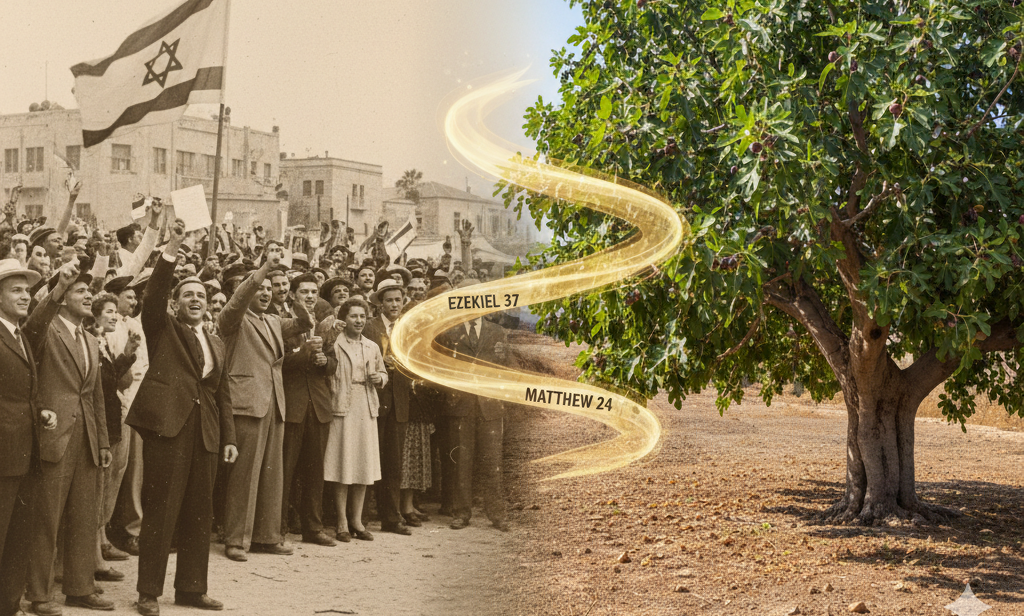 The image is divided into two part in the middle: left half has an black and white Israeli nation illustration of 1948; while on the right half part, has an image of a big fig green tree.