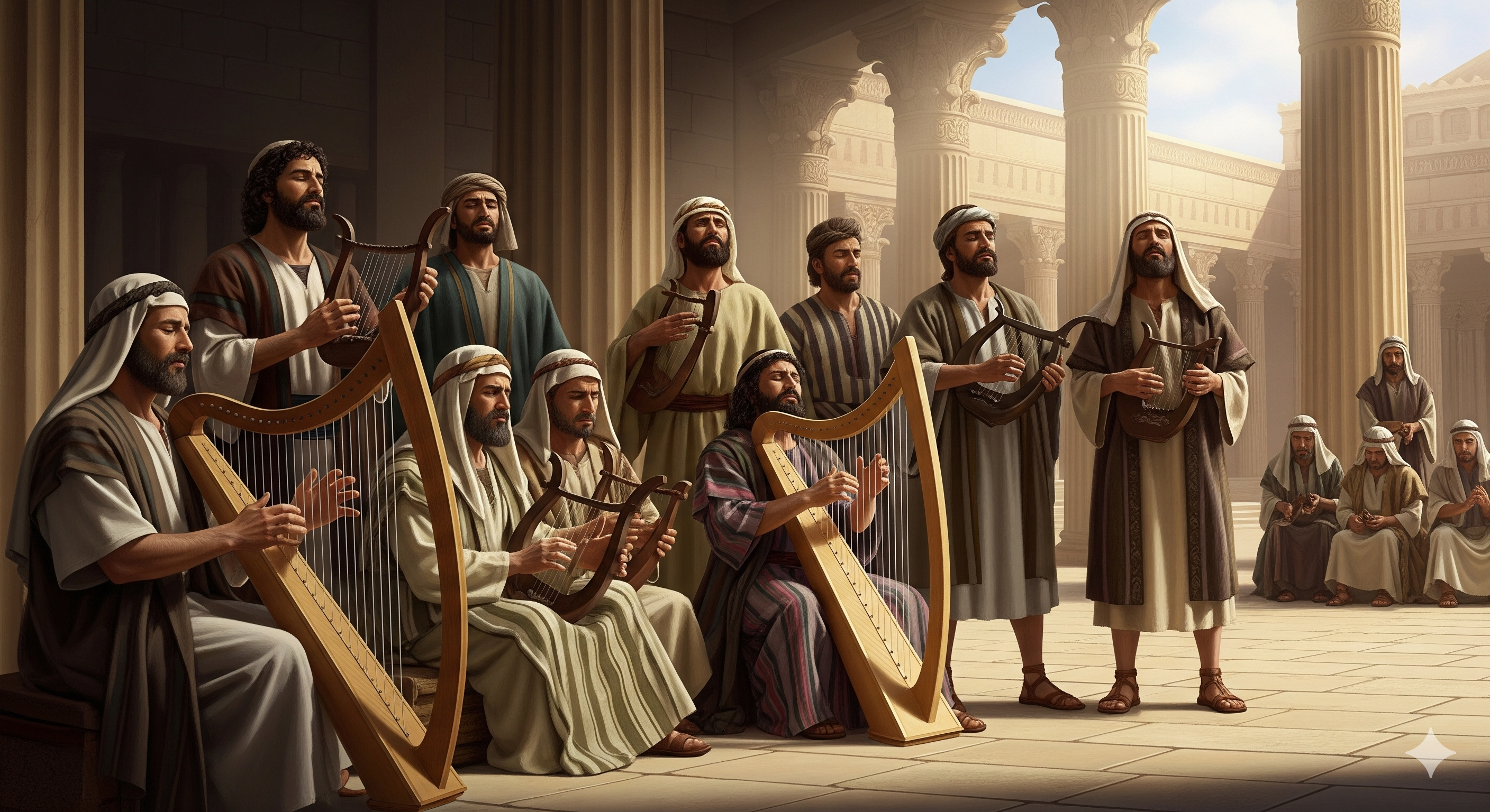 A picture of The Sons of Korah standing together in a setting of a Jewish Temple singing together