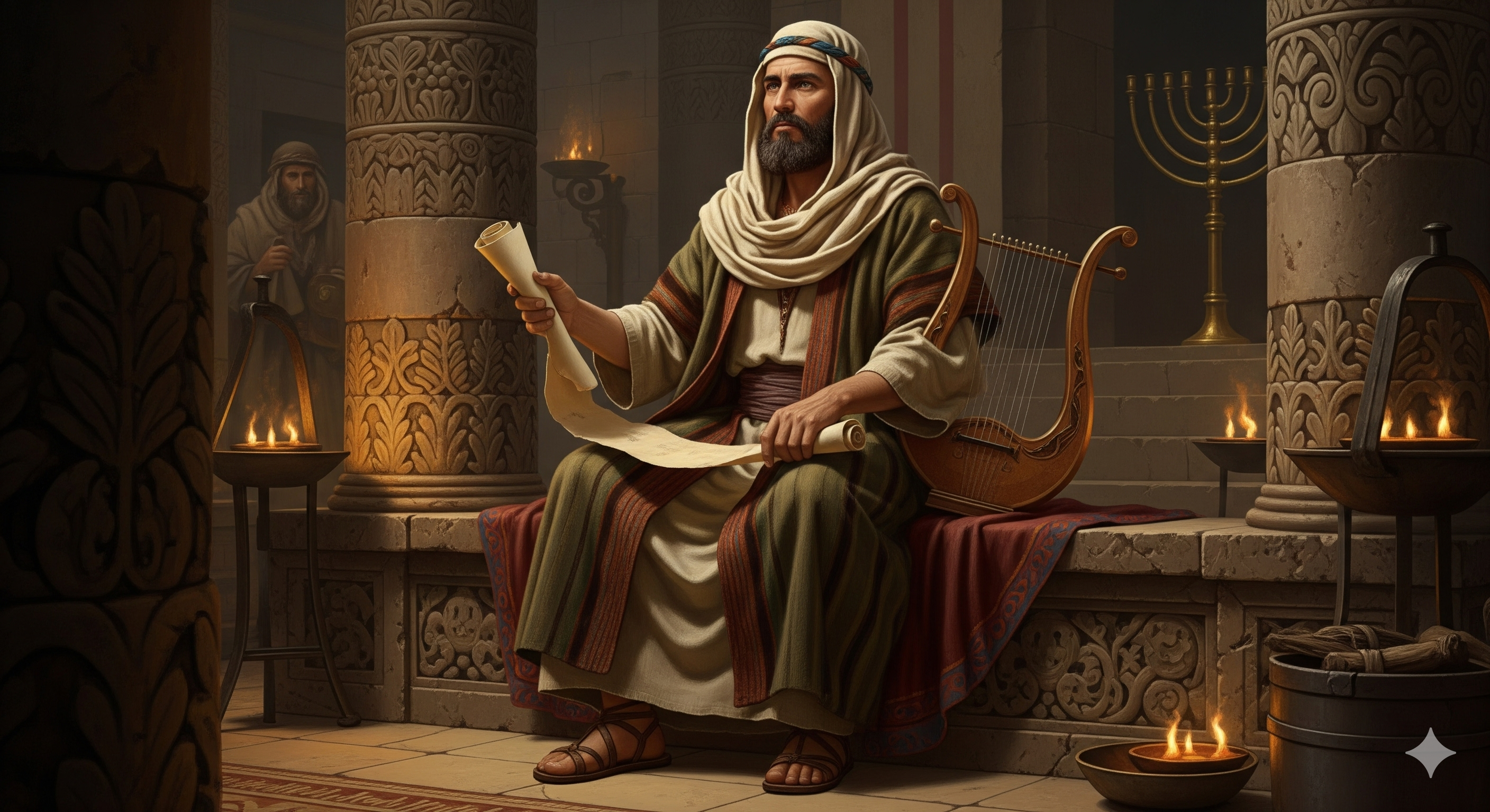 A picture of Ethan a Jewish man sitting down holding a jewish scroll in his hand