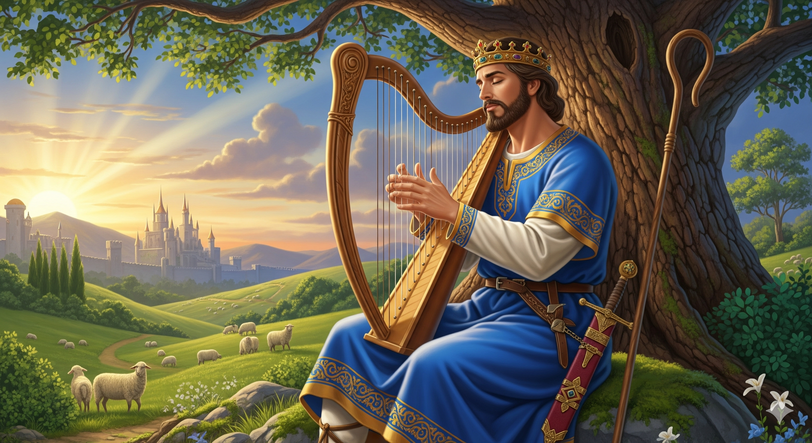 A picture of King David sitting under a tree in a beautiful day playing a stringed instrument