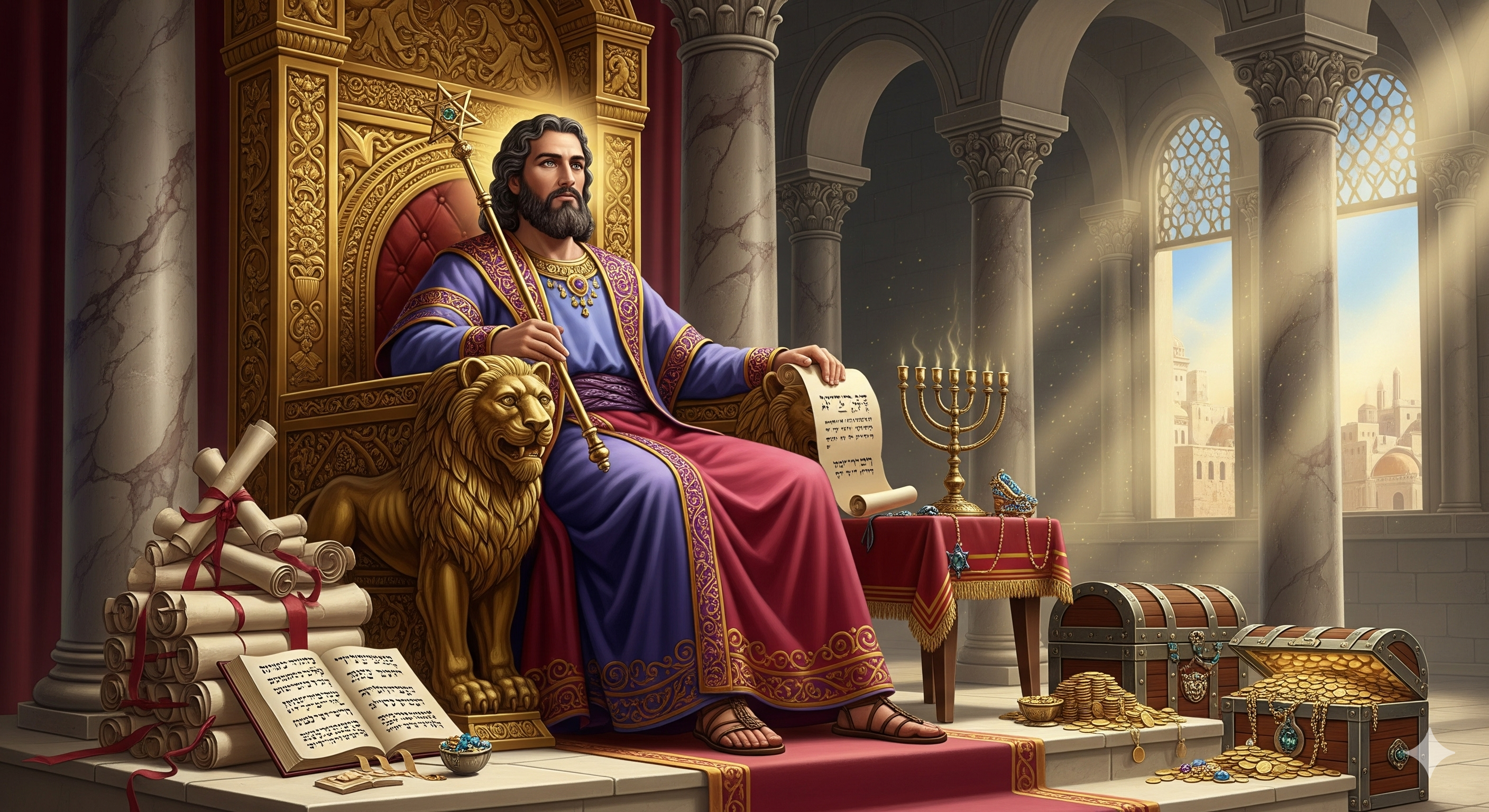 A picture of King Solomon sitting on his throne of gold attired in his kingly robes