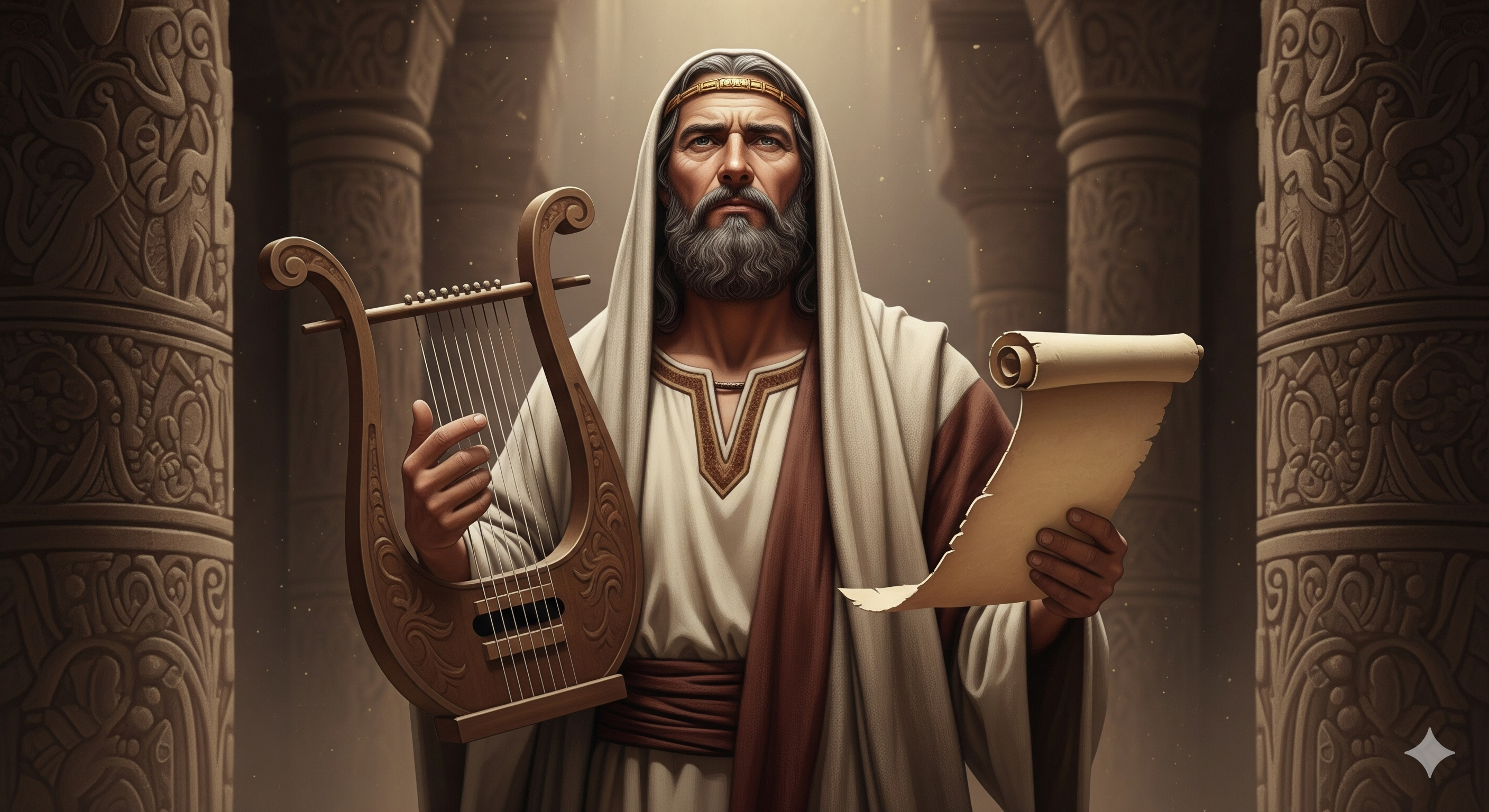 A picture of Prophet Asaph standing holding an a stringed instrument of his right hand and an open psalm scroll on his left