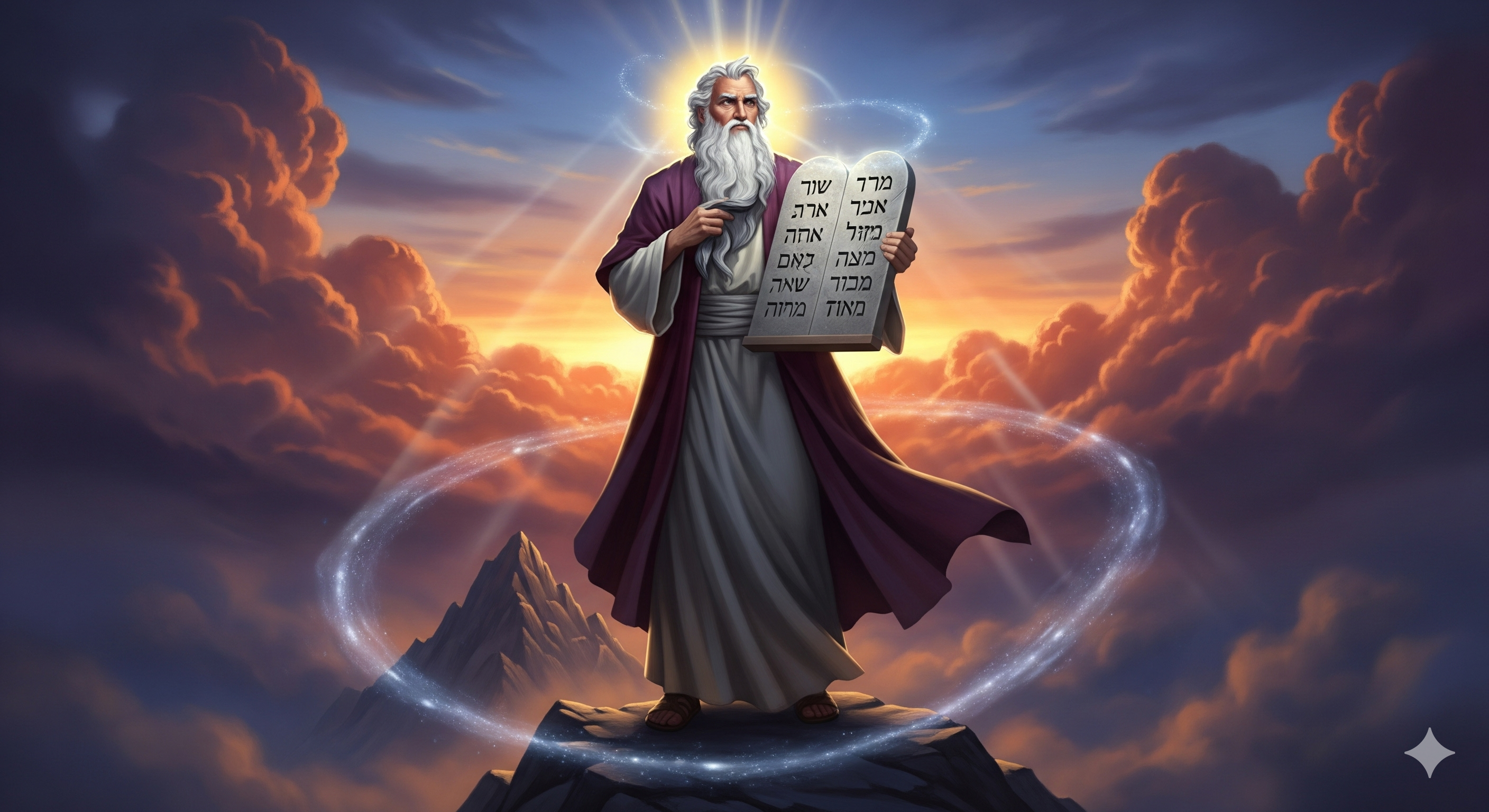 A picture of Prophet Moses Holding a tablet that is written on it, in a background of a bright sky